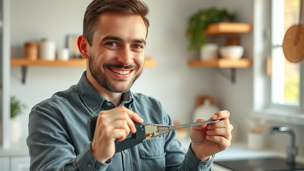 Expert home services technician filming a DIY explainer video for video marketing trends 2025 in a bright, modern kitchen.