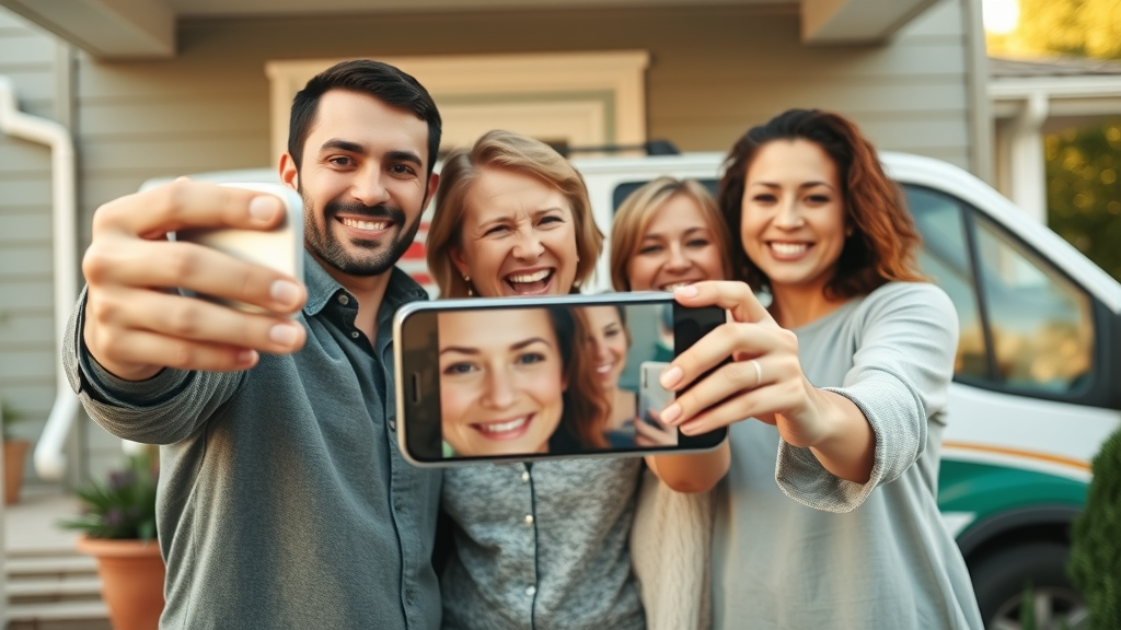 Local family recording user-generated video testimonial after home service for video marketing trends 2025, genuine atmosphere.