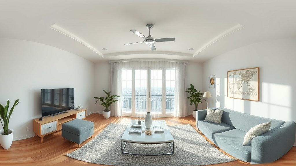 Immersive 360-degree virtual tour for home services video marketing trends 2025, inviting modern living room.