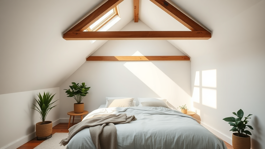 Bright converted loft bedroom with skylights in a modern home upgrade.