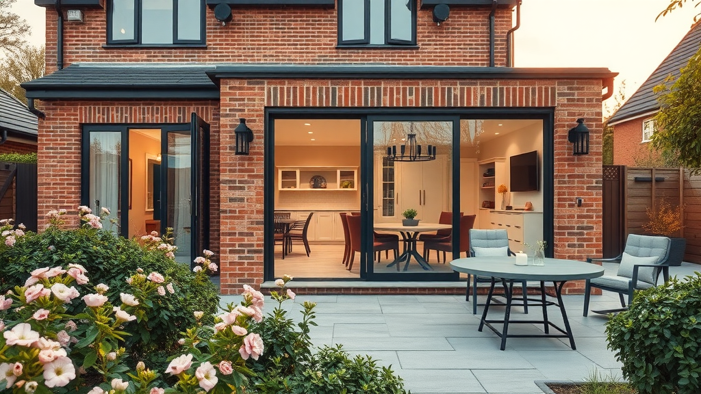 Custom brick and glass house extension opens to patio and garden
