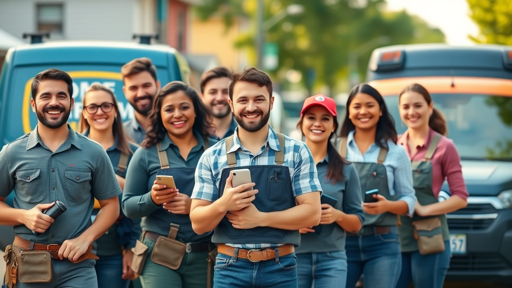 brand awareness with video shorts - Energetic team of diverse home service professionals preparing for a video shoot on a neighborhood street with branded vehicles