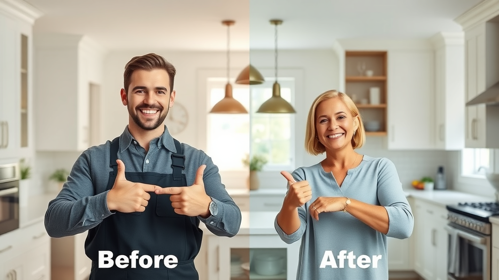 video example - Before-and-after home service transformation with satisfied technician and homeowner in a renovated kitchen