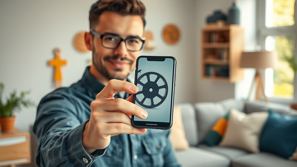 Home service professional showing Instagram Reel promotion on a smartphone in living room