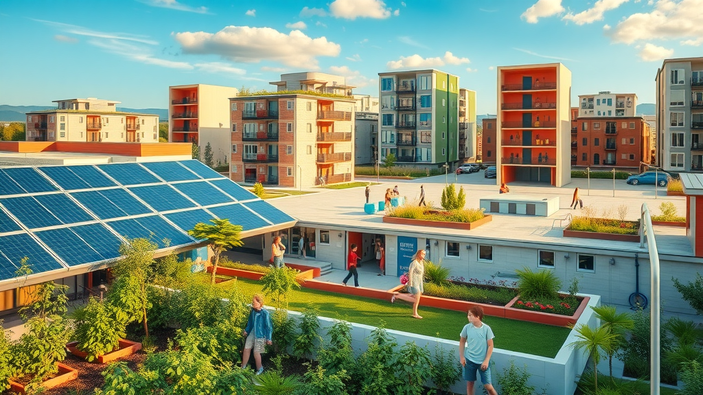 Sustainable architecture solutions at eco community center with green rooftop garden