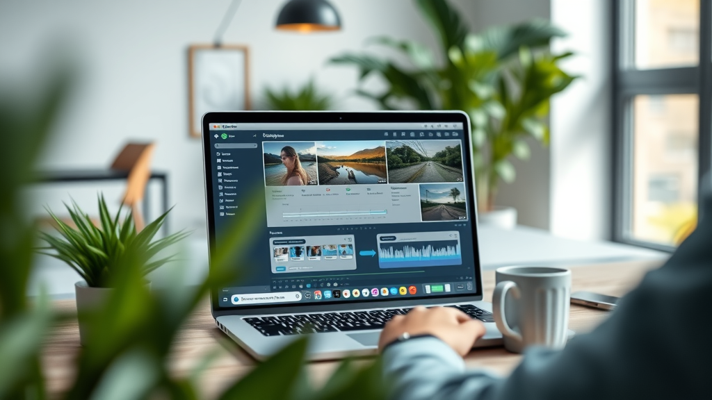 Modern digital workspace with video editing tool dashboards on a laptop. Cool, crisp office with coffee mugs, plants, and soft light. Video content creation tools in action.