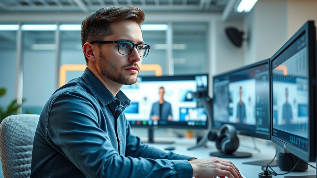 Marketer using Google Veo AI-driven video content creation tool in a high-tech modern office, focused on real-time video preview.