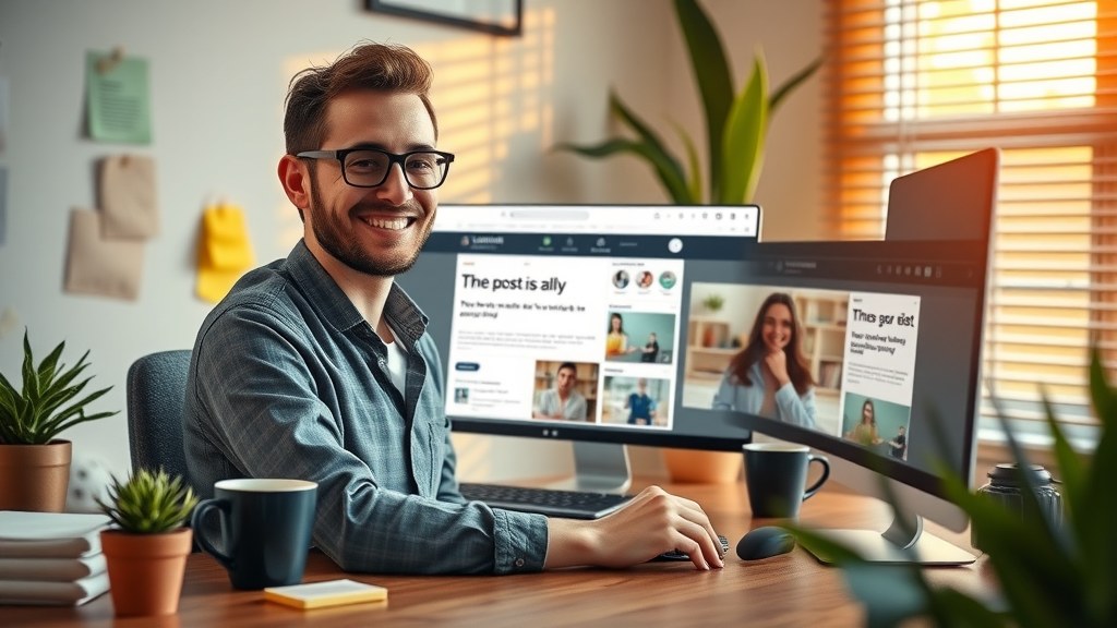 Local business owner converting blog to video using Lumen5. Cozy workspace shows the blogging and video content creation process with high detail and warm ambient lighting.