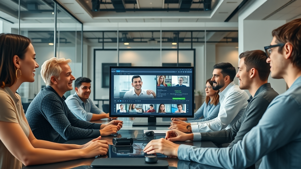 Team of local business colleagues editing a marketing video collaboratively with WeVideo on large monitors. Modern conference room shows team-friendly video content creation tools.