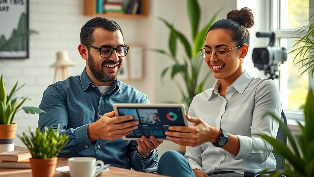 Small business owners collaborating while reviewing mobile video analytics for short video seo optimization in a modern office