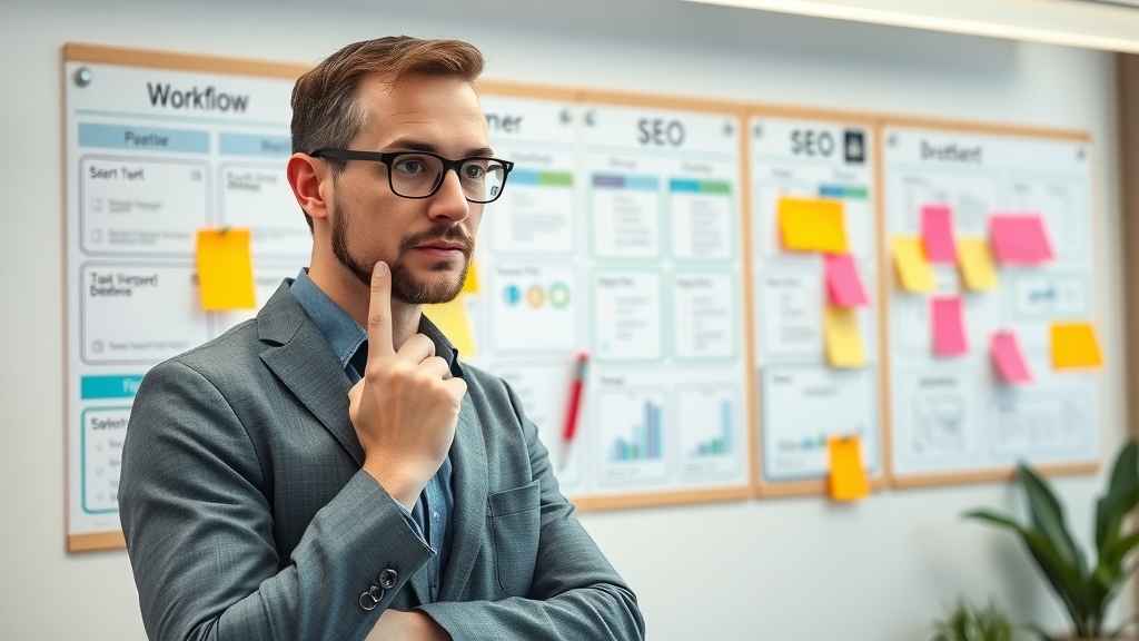 Professional analyzing SEO workflow on a wall-mounted task board for short video seo optimization