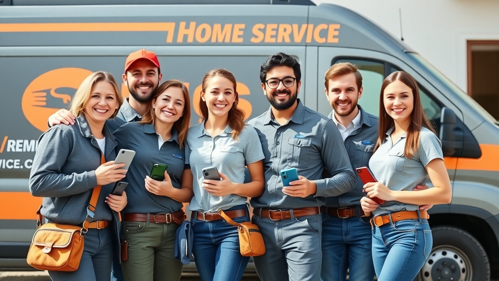 Satisfied home service teams posing together, holding tools and smartphones showcasing short video seo optimization success