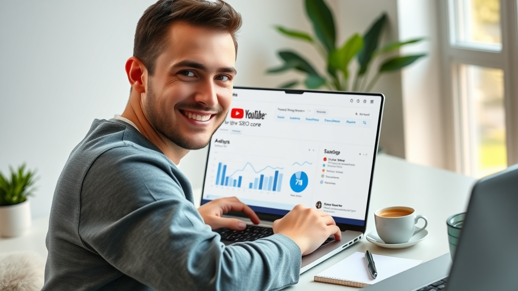 YouTube analytics dashboard on modern laptop showing high SEO score for short video seo optimization