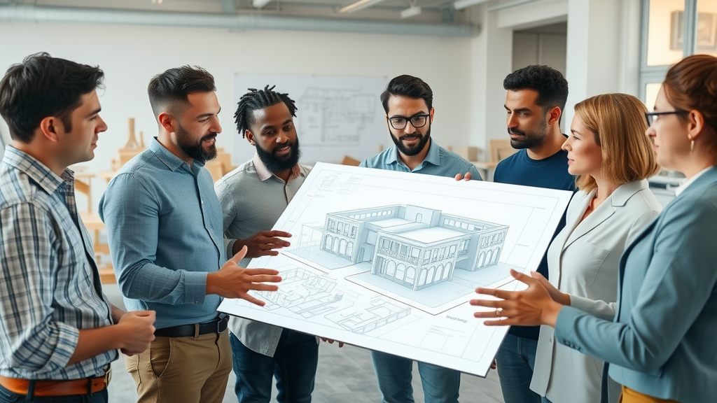 Team providing structural engineering services discussing digital blueprints