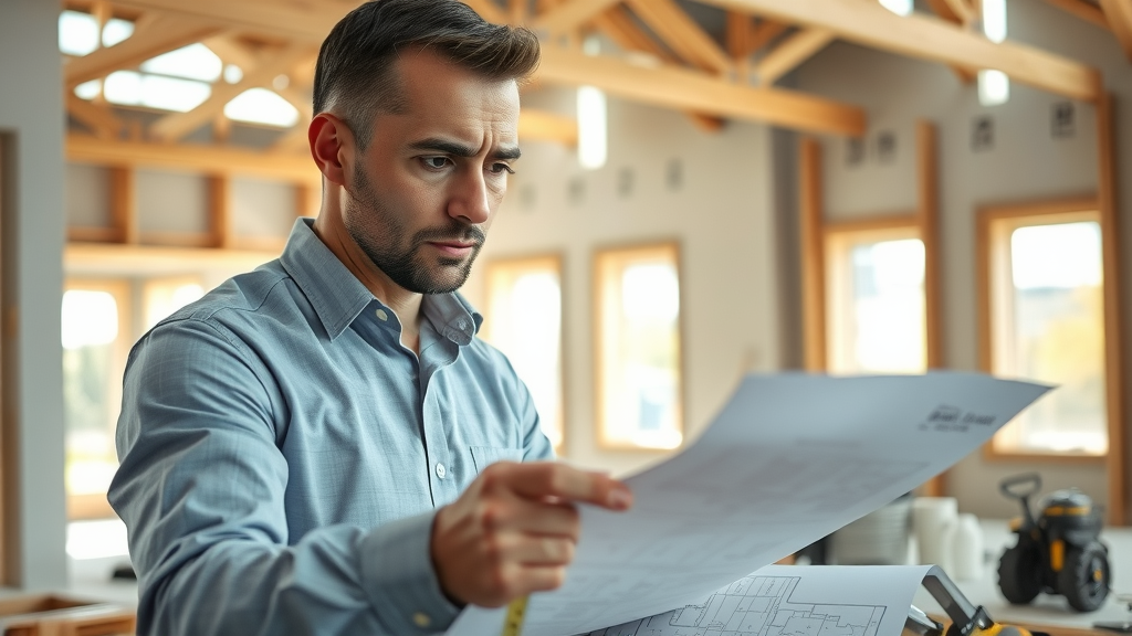 Architect checking blueprints for building regulations compliance during home renovation.