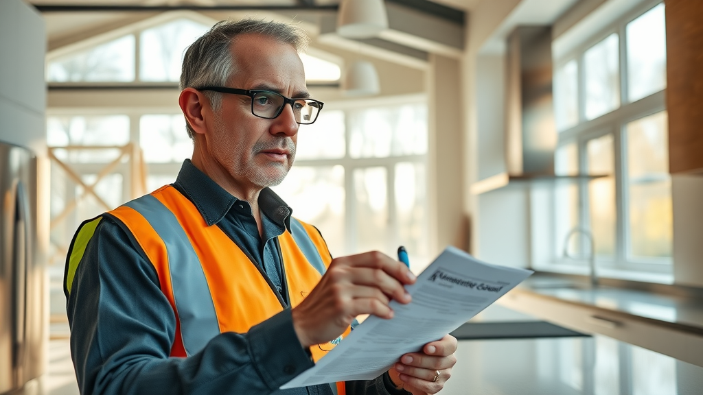 Inspector with checklist reviewing kitchen renovation for building regulations compliance.