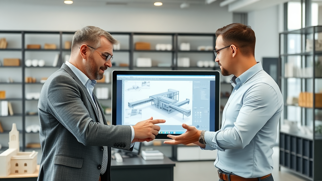 Property consultants collaborating on building regulations compliance using CAD plans.