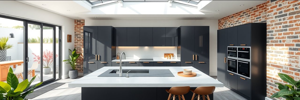 Modern kitchen with custom kitchen worktops and minimalist design, sunlit interior