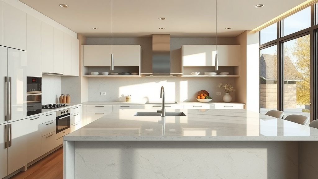 Modern kitchen with custom kitchen worktops in stone, bathed in sunlight