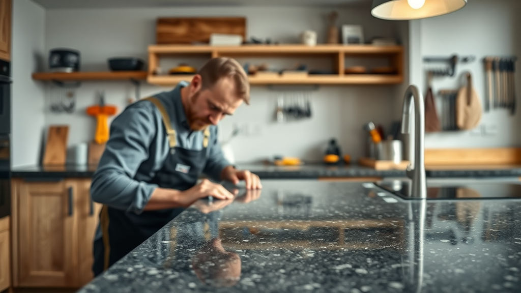 Expert craftsman installing custom kitchen worktop in a modern kitchen