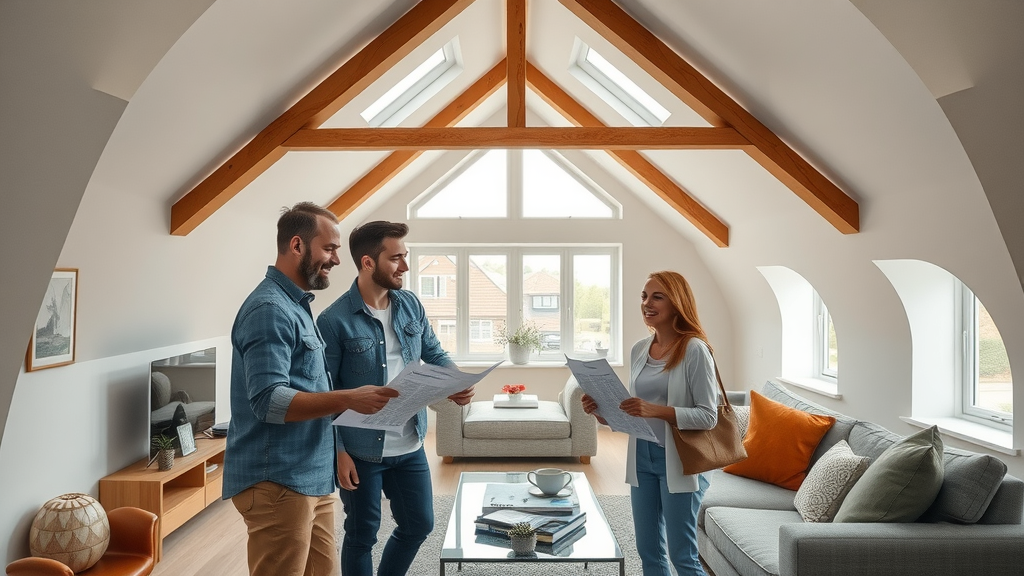 Loft conversion experts consulting homeowners in bright, modern attic space