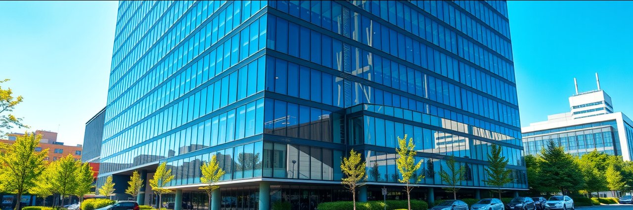 Modern commercial building design in urban setting with glass facade and sunlight.