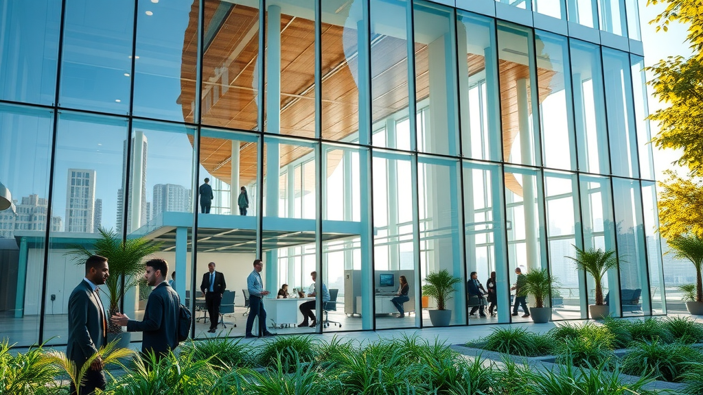 Modern commercial building design with glass facade and collaborative spaces.