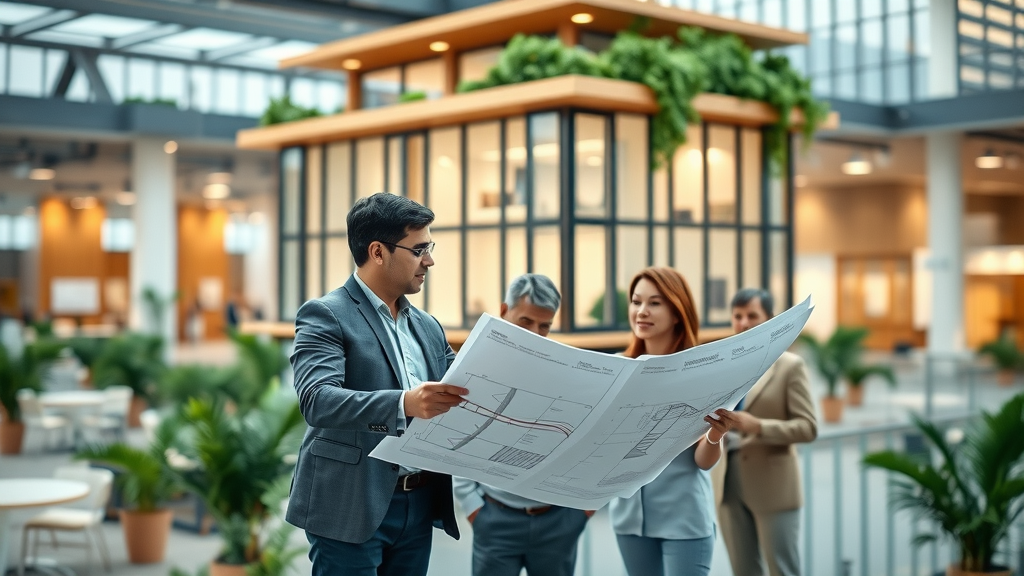Professionals discussing commercial building design inside a modern workspace.