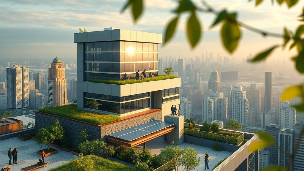 Sustainable commercial building design with green roof and team on site.