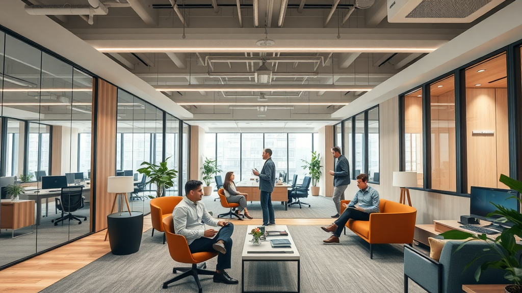 Flexible commercial building design with team collaboration in open interiors.