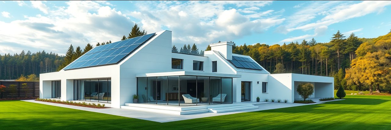 Sustainable building design featuring modern white house with solar panels and glass sunroom