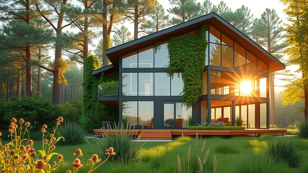 Eco-friendly home with glass windows and living wall in lush landscape