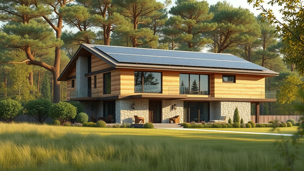 Modern sustainable building design with wood, stone, and solar panels in woods