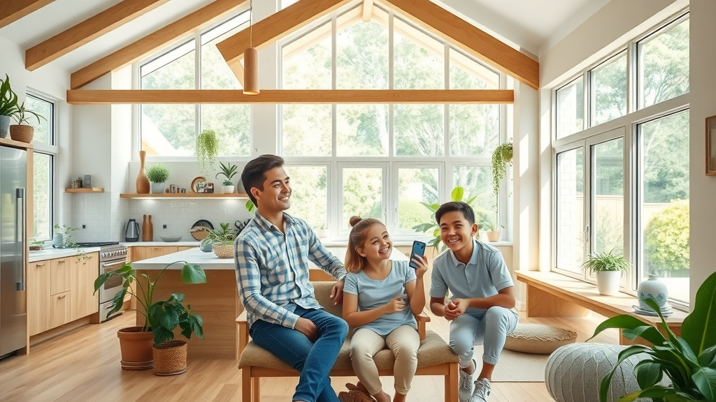 Biophilic sustainable building interior with natural light and green views