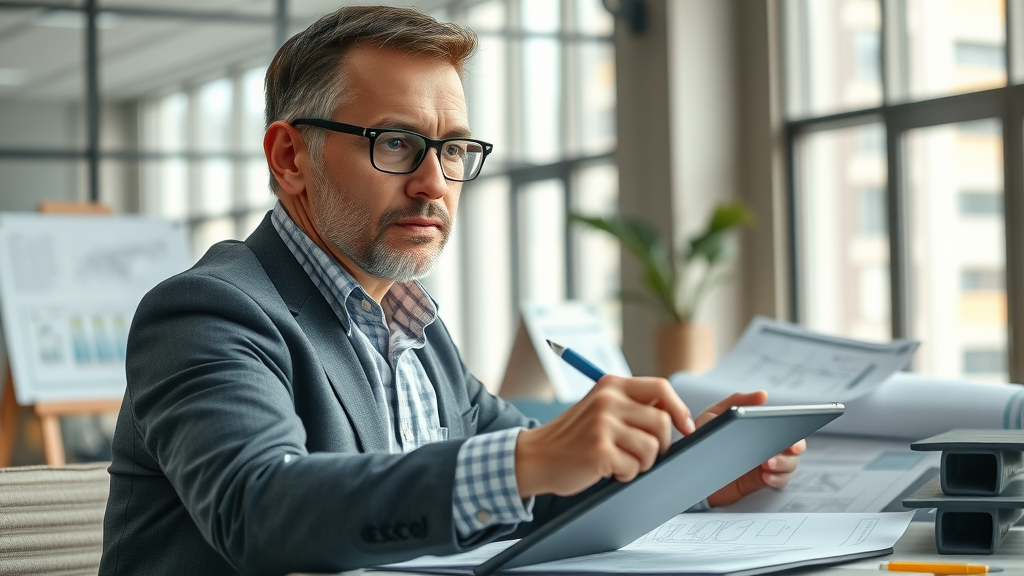 Planning appeals expert reviewing building plans in modern office, offering strategic advice