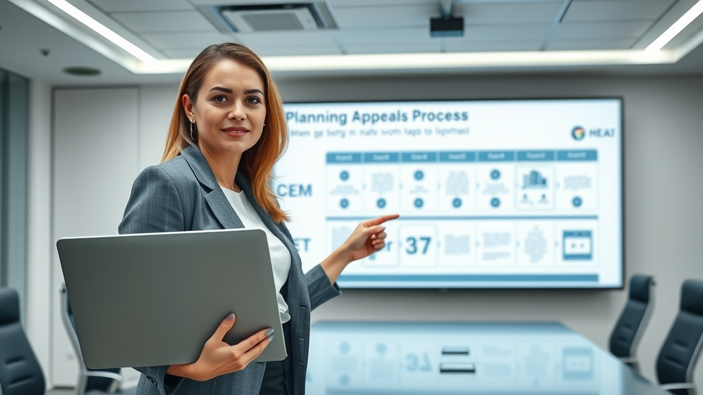 Expert presenting planning appeals process using digital flowchart in modern office