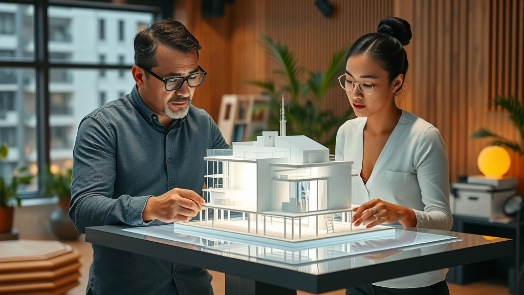 Team analyzing 3D building model for architectural design services.