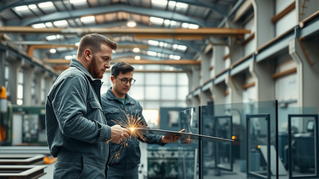 Engineers inspect durable architectural solutions in fabrication shop