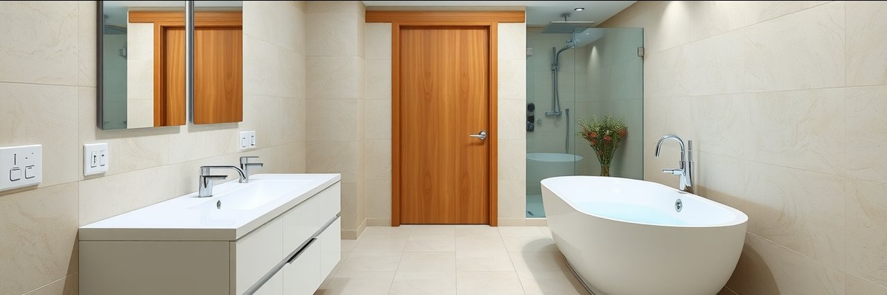 Modern bathroom showcasing electrical rewiring solutions with updated fixtures.