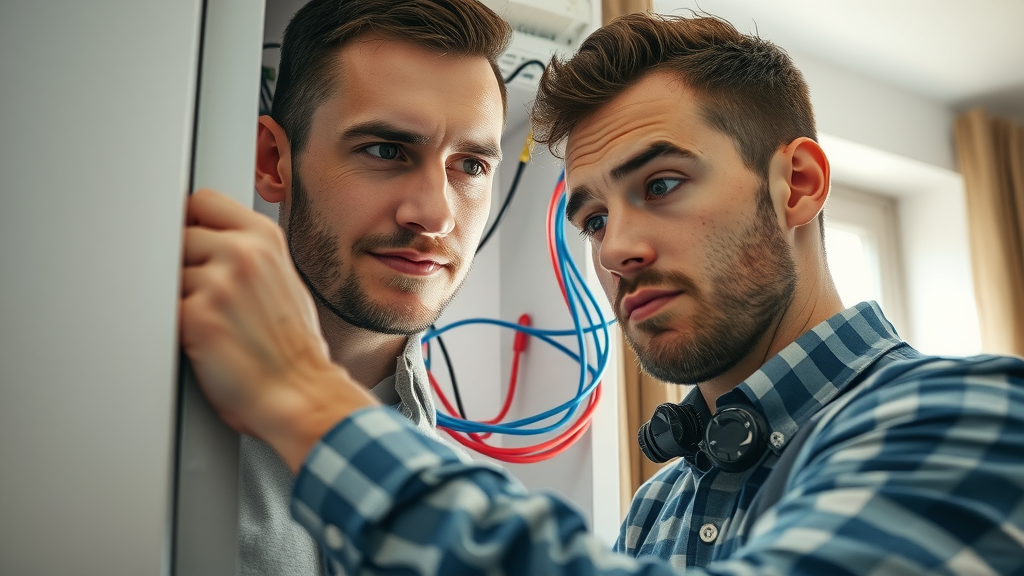 Electrician examining wires for electrical rewiring solutions in modern home
