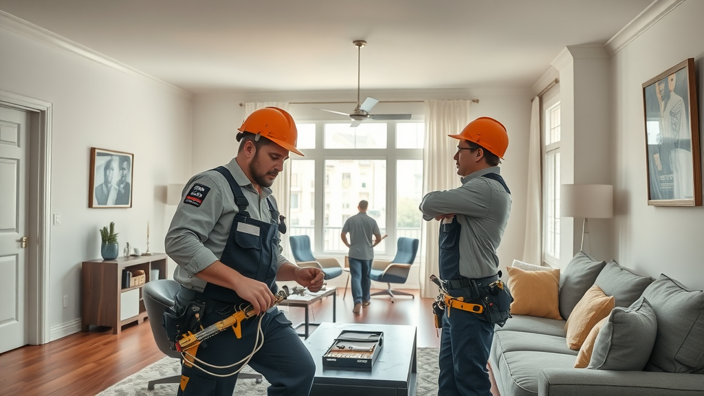 Team of electricians providing electrical rewiring solutions in a bright living room