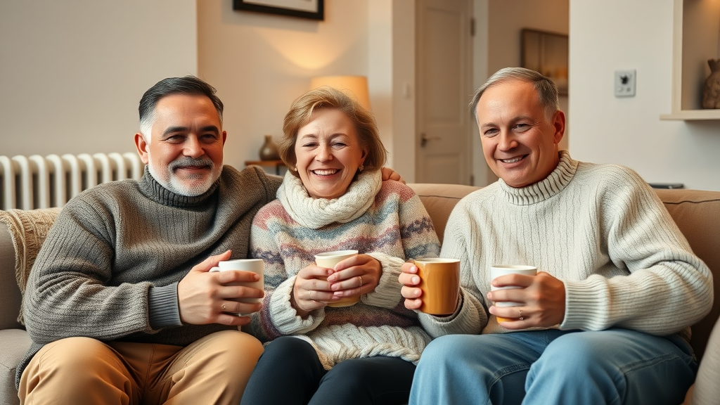 Family relaxing together in a warm living room thanks to central heating service.
