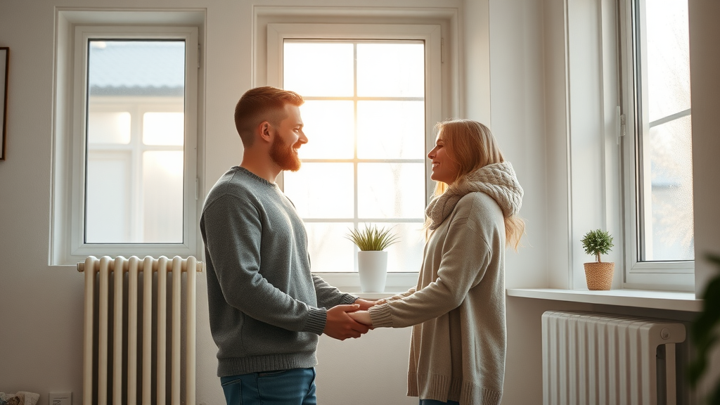 Couple enjoying comfort after central heating service in a sunlit home.
