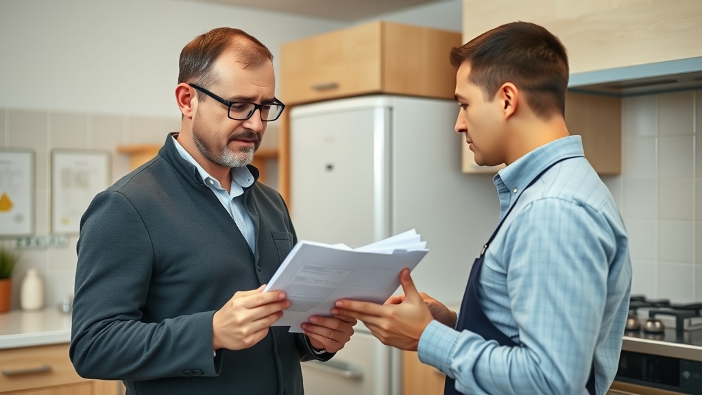 Landlord gas safety inspection with engineer in a modern kitchen