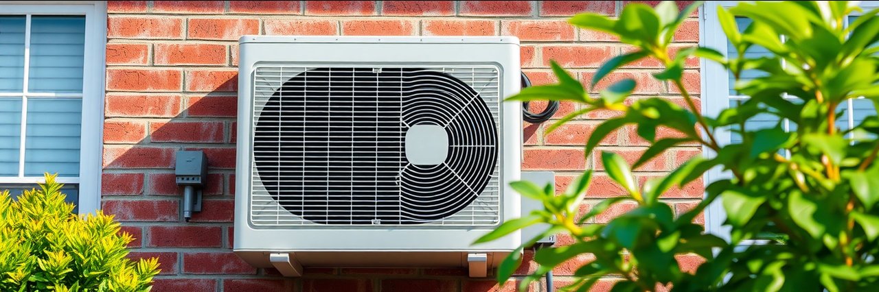 Outdoor gas boiler installation on brick wall with plant, realistic view