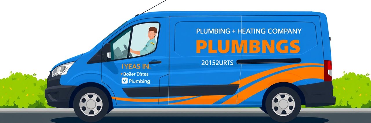 Boiler installations company van with bold service graphics and friendly driver illustration