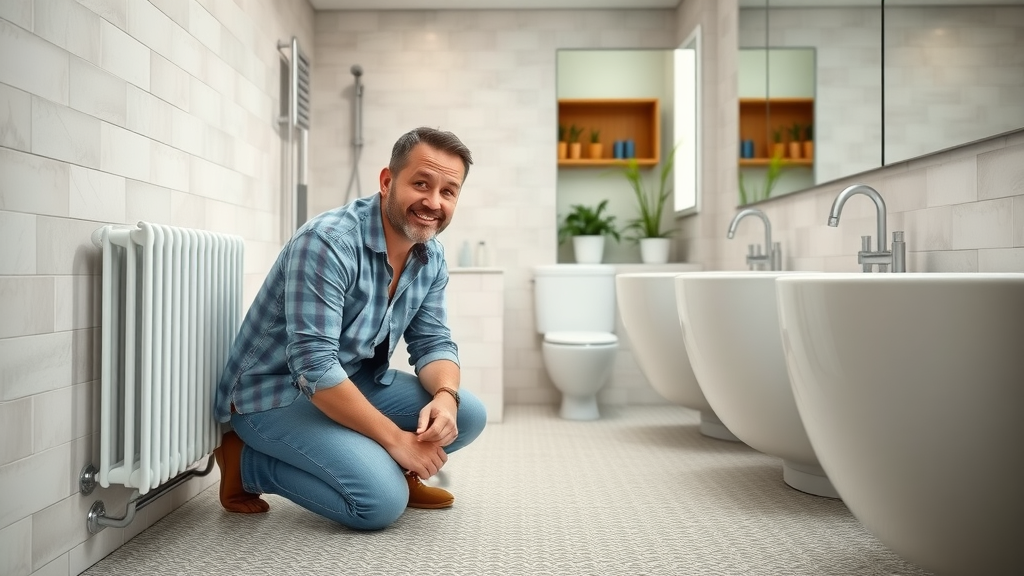 Homeowner checks underfloor heating after bathroom installation in Chesterfield.