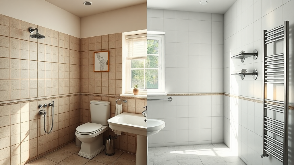 Chesterfield bathroom installation before and after: modern tiles, sink, heated rail.