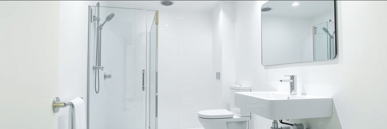 Modern bathroom with glass shower and chrome fixtures, plumbing services chesterfield