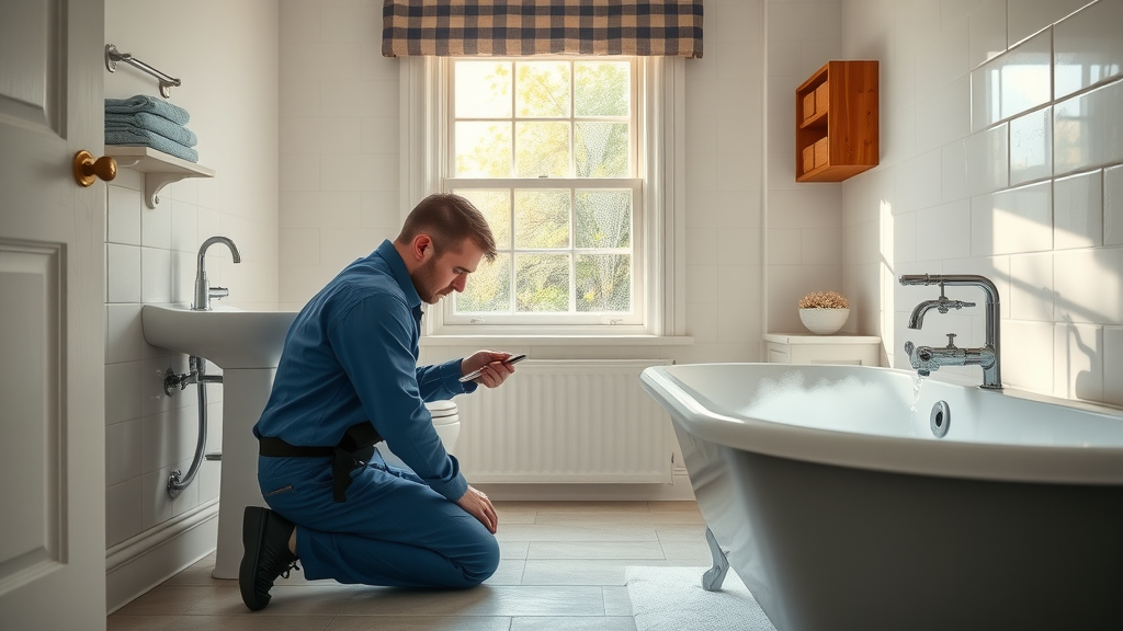Plumber fixing bathroom pipes, ensuring reliable plumbing services Chesterfield.